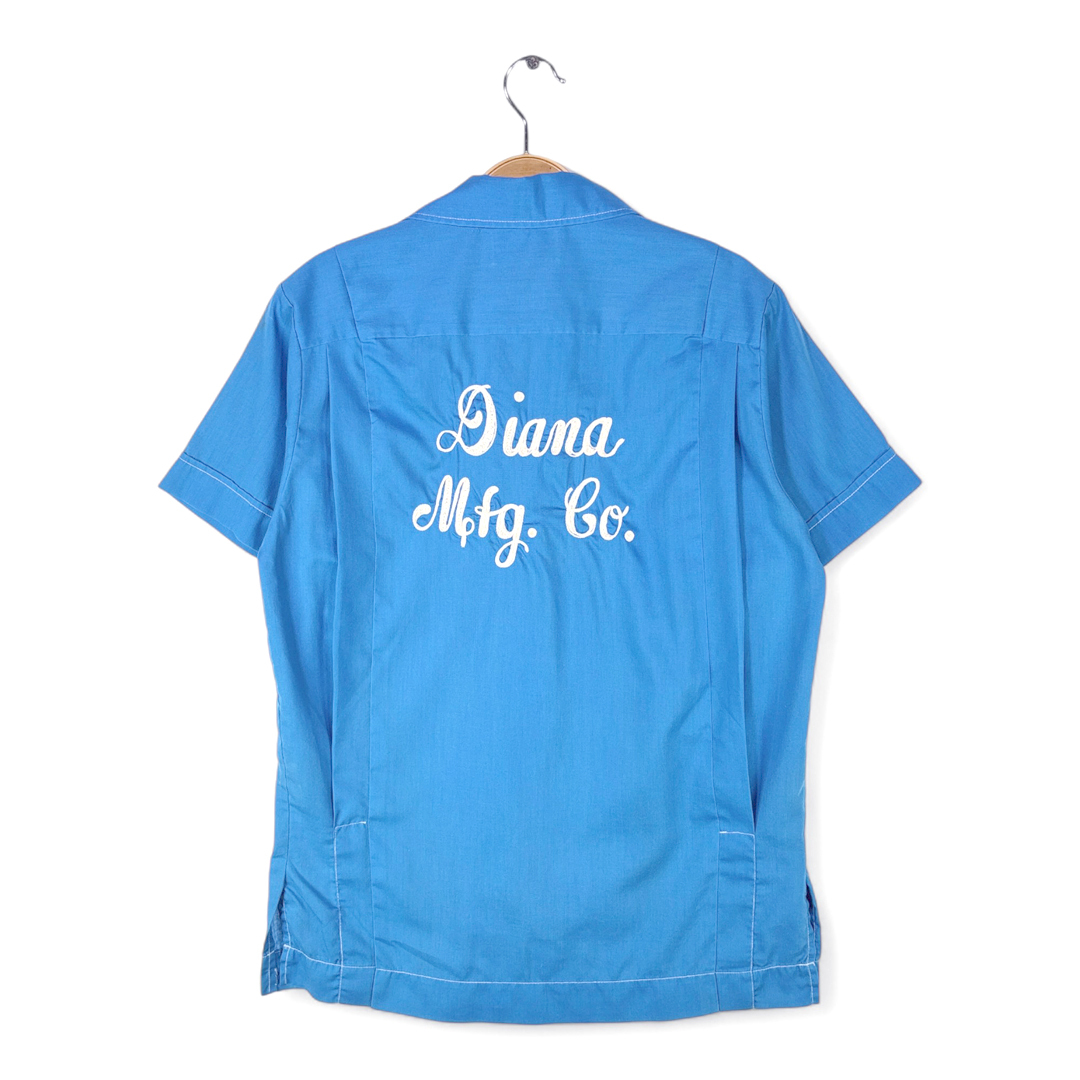 【送料無料】70s ヒルトン USA製 ヴィンテージボーリングシャツ チェーンステッチ刺 ブルー HILTON メンズM 古着 @CE0015拍卖