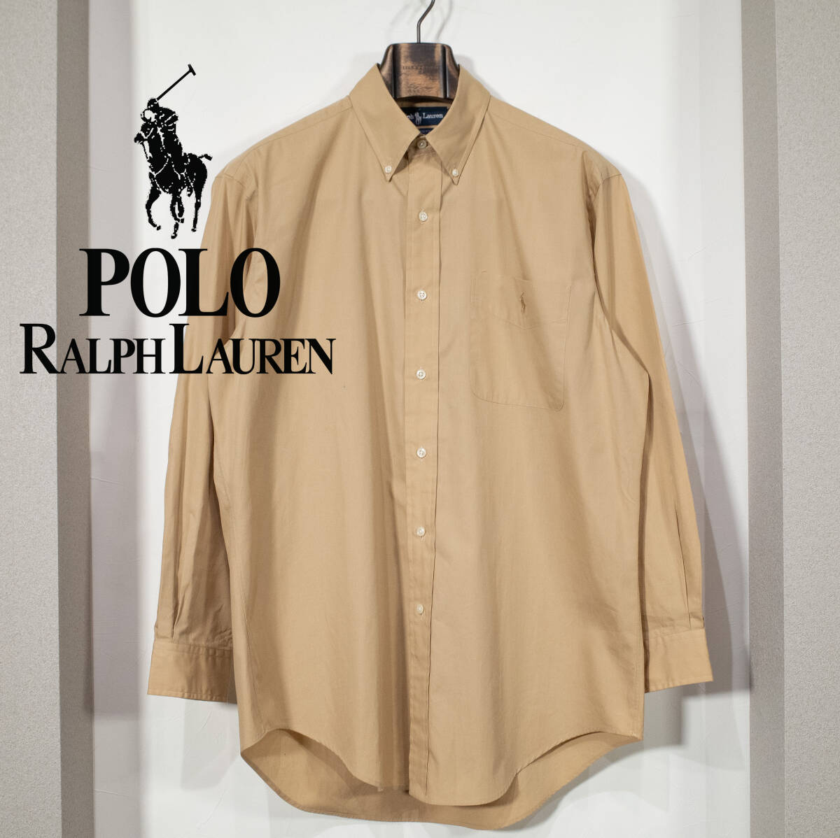 L相当 / 90s Polo Ralph Lauren ポロ ラルフローレン YARMOUTH ボタンダウンシャツ ベージュ 同色ポニー 刺繍ロゴ 香港製 即決 送料無料拍卖