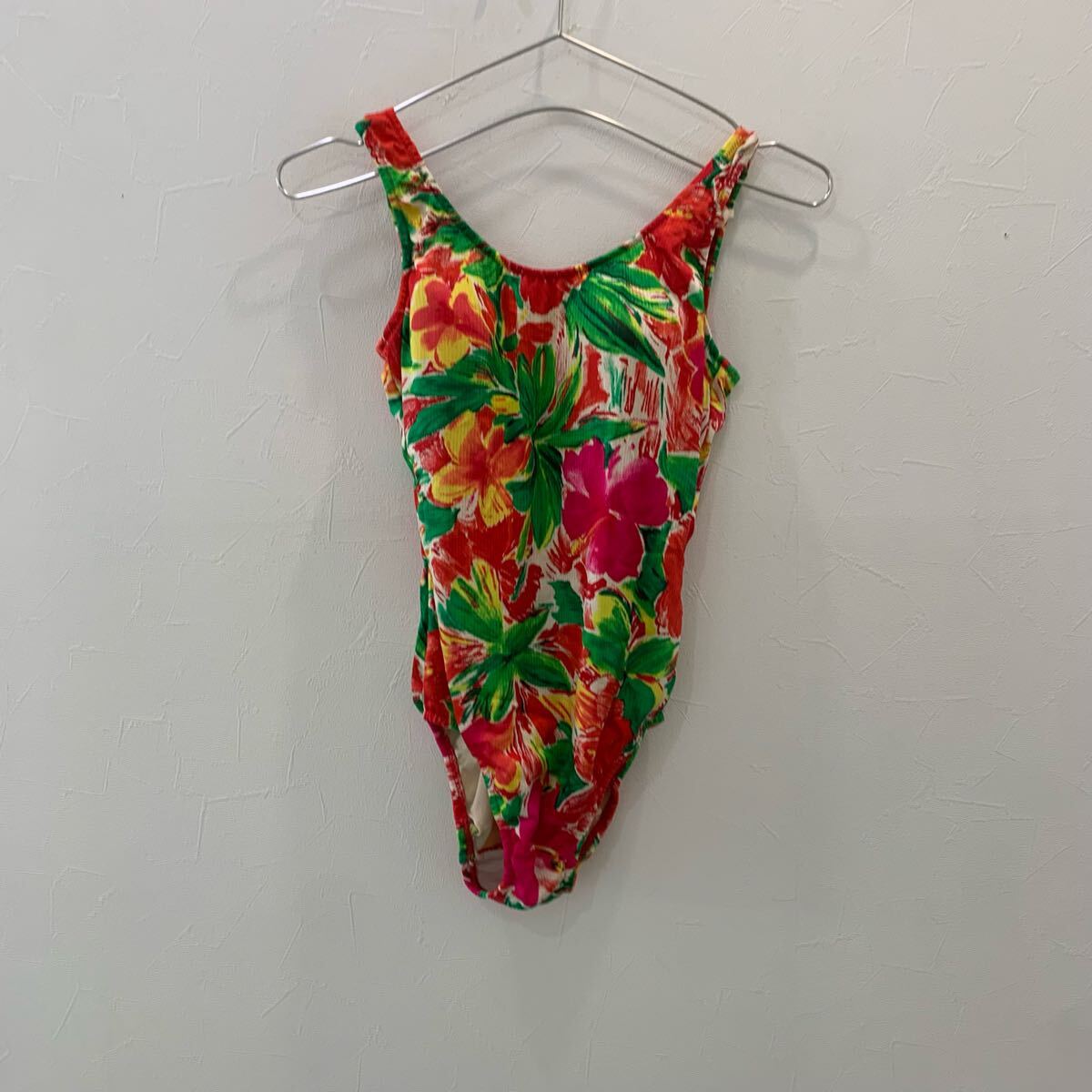 J629 スイムウェア レトロ 花柄 グリーン 赤 クリーニング済み レディース M拍卖