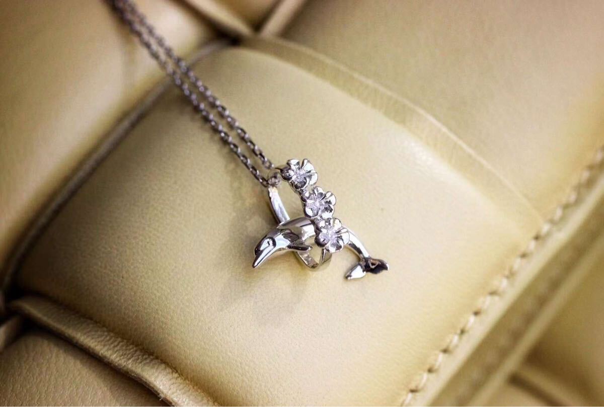 ハワイで購入ホワイトゴールド14kイルカ花ネックレス美品拍卖