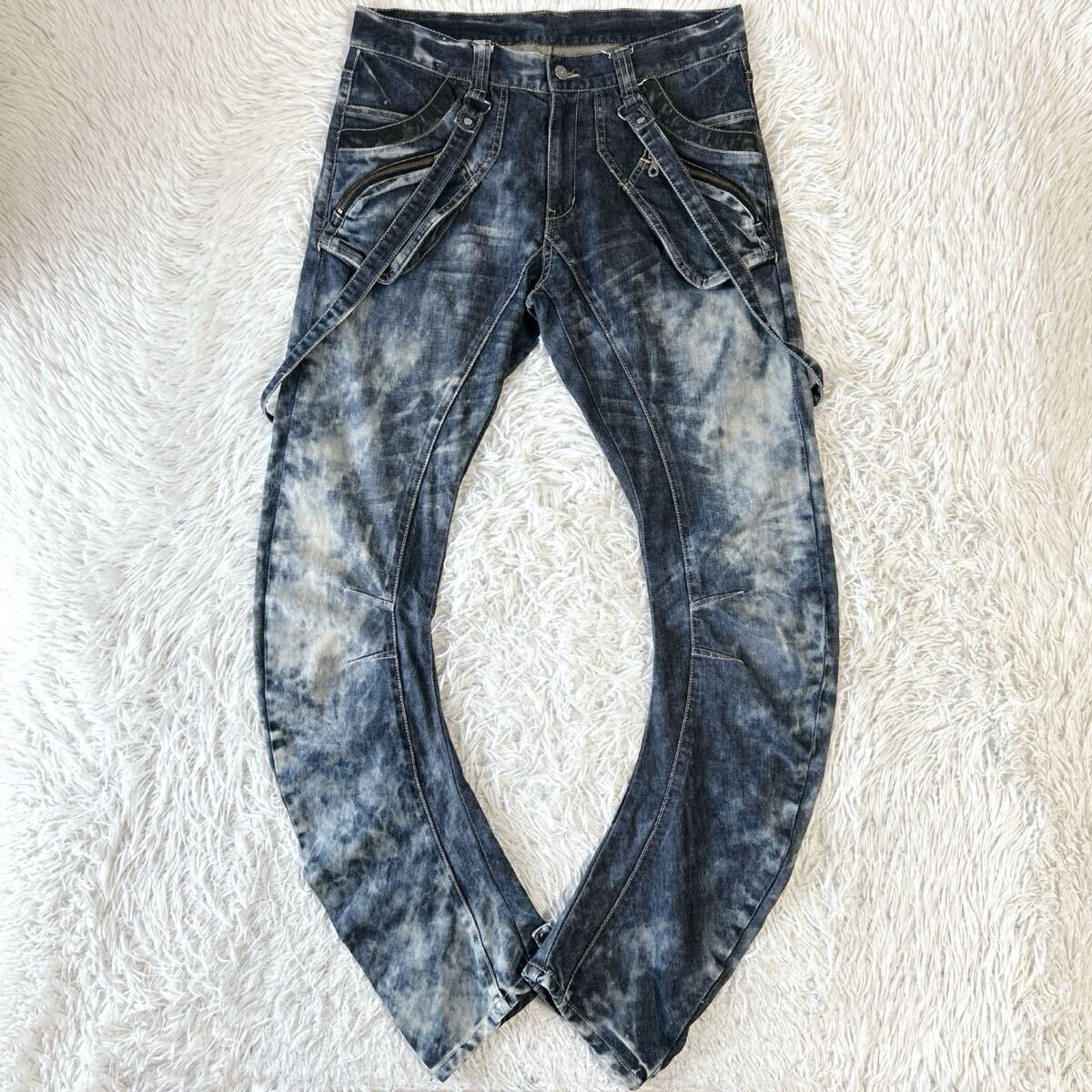 00s PPFM バナナ カーブ デニムパンツ ストレッチ サスペンダー付き 立体裁断 L Y2K拍卖