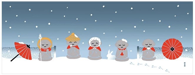 濱文様 絵手ぬぐい ぼたん雪とお地蔵さま お正月 冬 縁起 手拭い おしゃれ かわいい 日本製拍卖