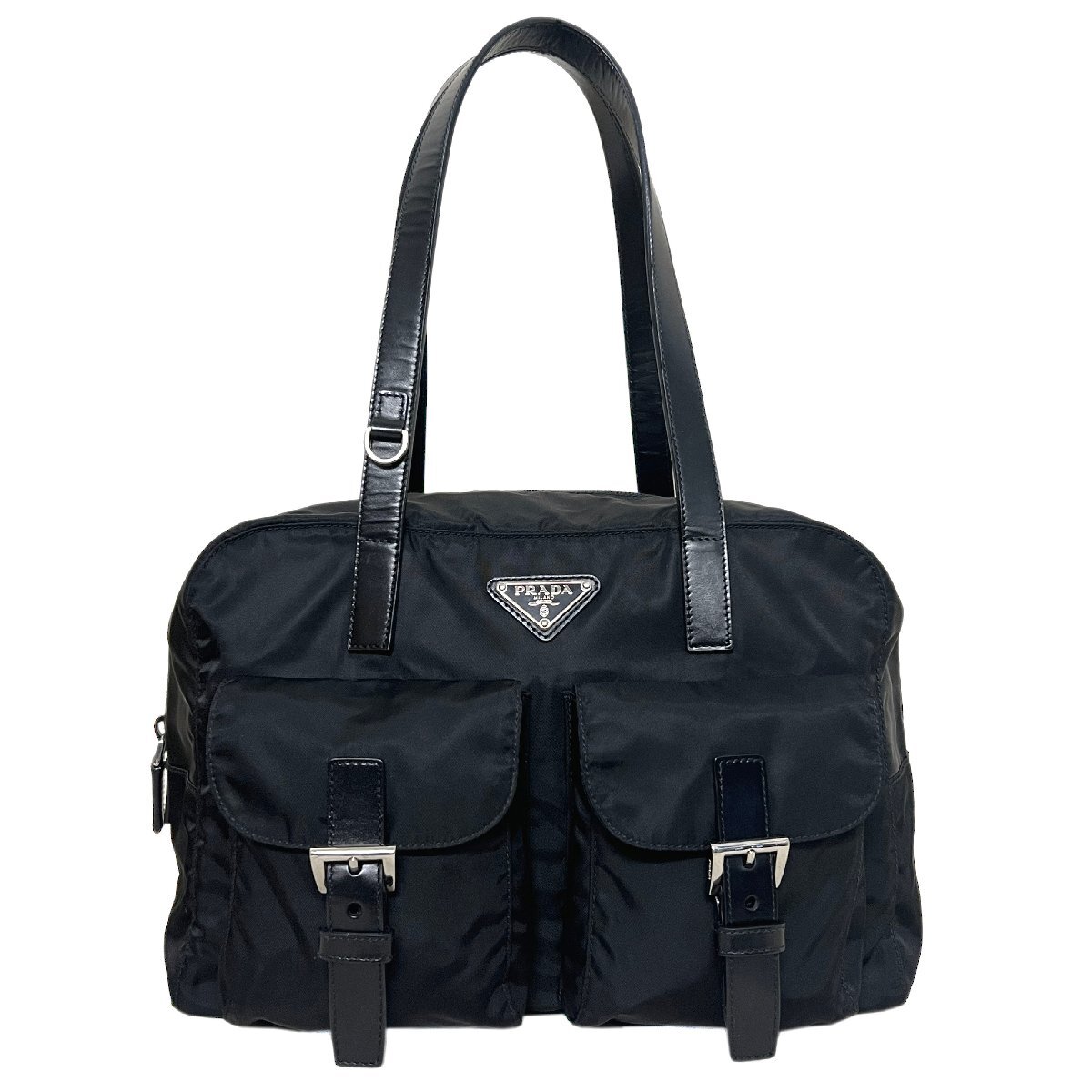 PRADA プラダ バッグ ミニボストン ナイロン レザー ロゴ プレート ショルダー ブラック 黒拍卖