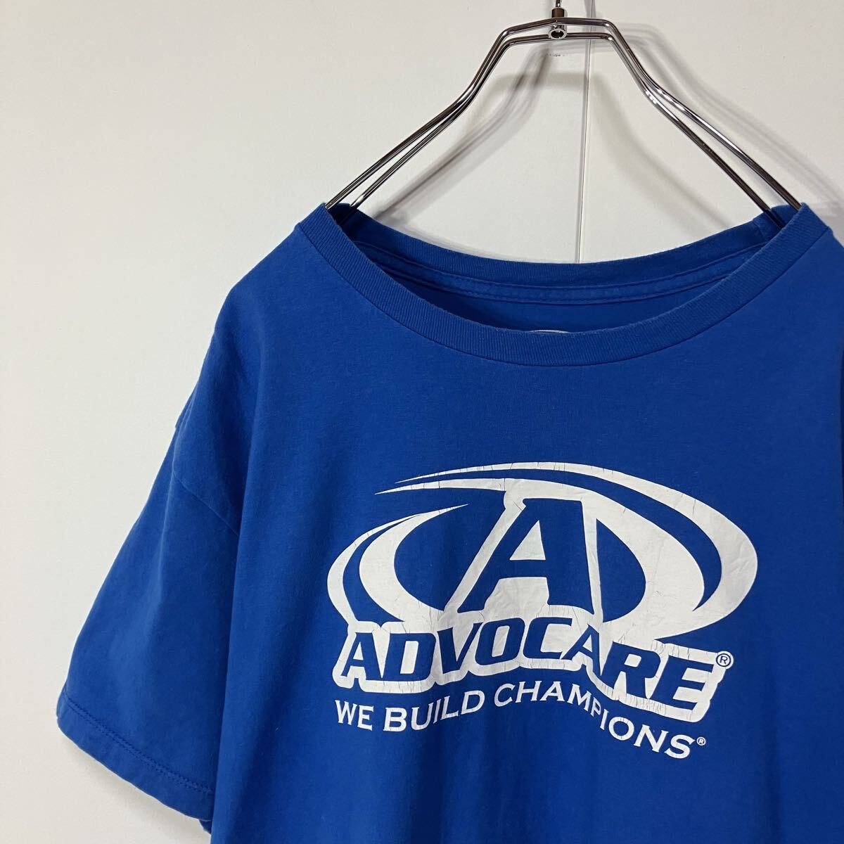 古着 片面 プリント クルーネック 半袖 Tシャツ ブルー L拍卖