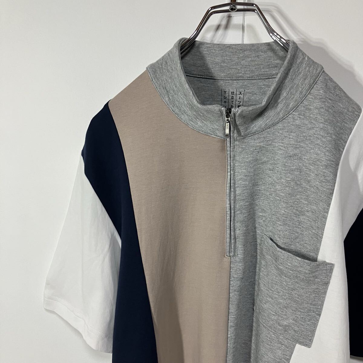 古着 切替 ポケット ハーフジップ 半袖 Tシャツ ホワイト ネイビー ブラウン グレー M拍卖