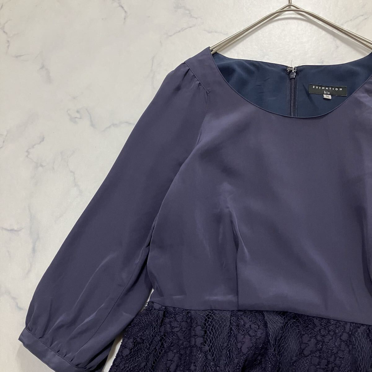 ESTNATION エストネーション 切替 花柄 レース 二重 裏地 ホック ジップ 七分袖 ラグラン ひざ丈 フレア ワンピース パープル 36拍卖