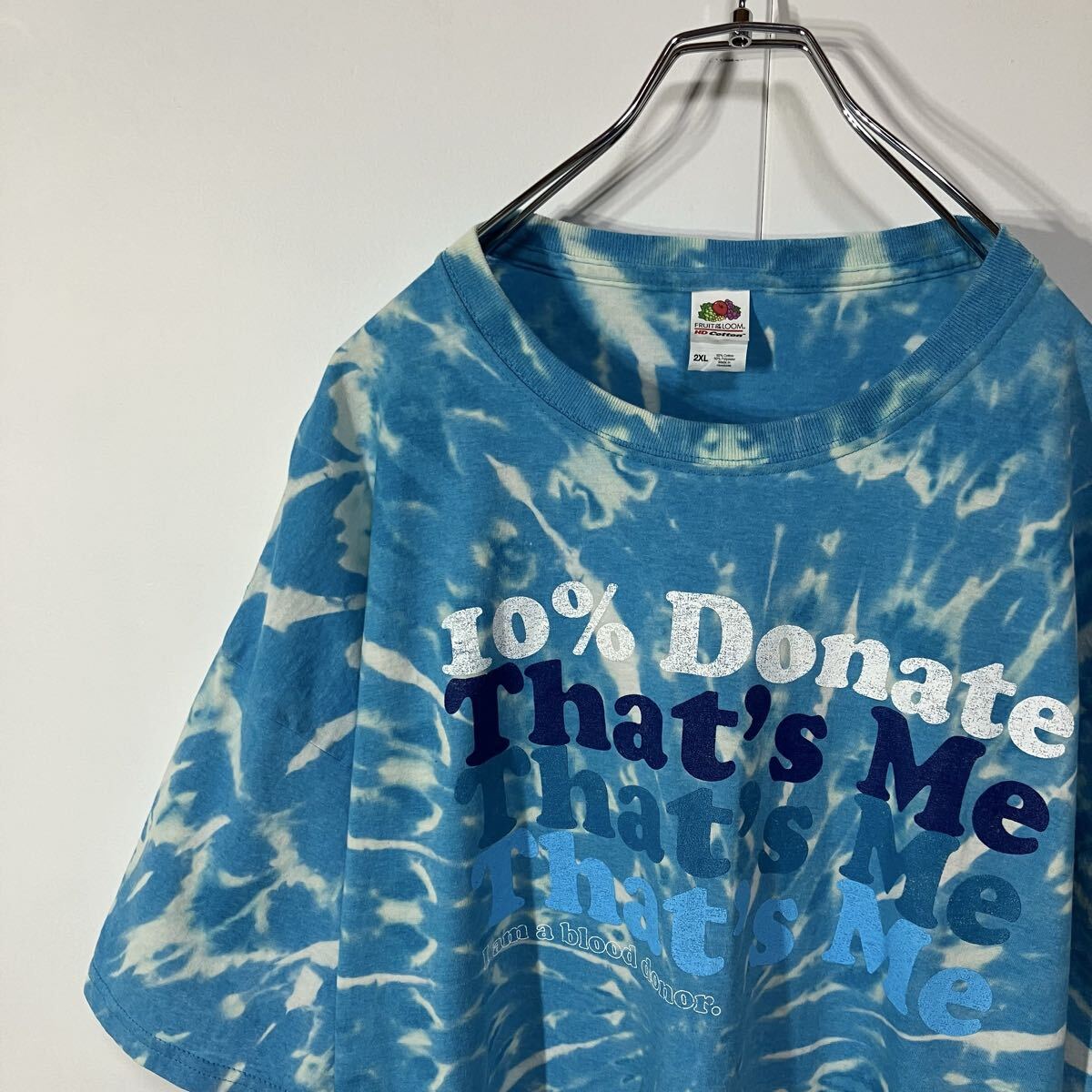 古着 アート 両面 プリント クルーネック 半袖 Tシャツ 一点物 ブルー ベージュ 2XL拍卖