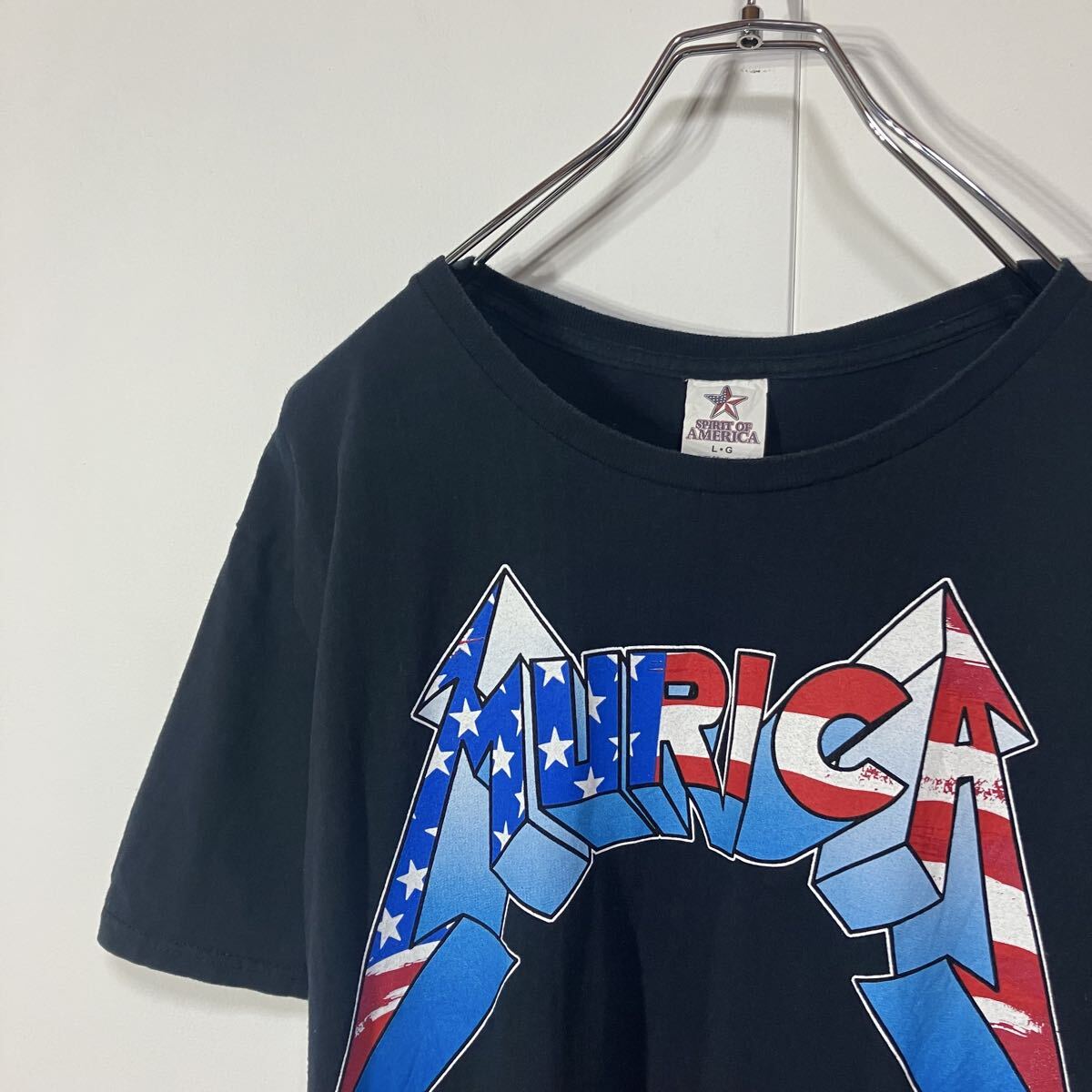古着 星条旗 アート プリント クルーネック 半袖 Tシャツ ブラック L拍卖