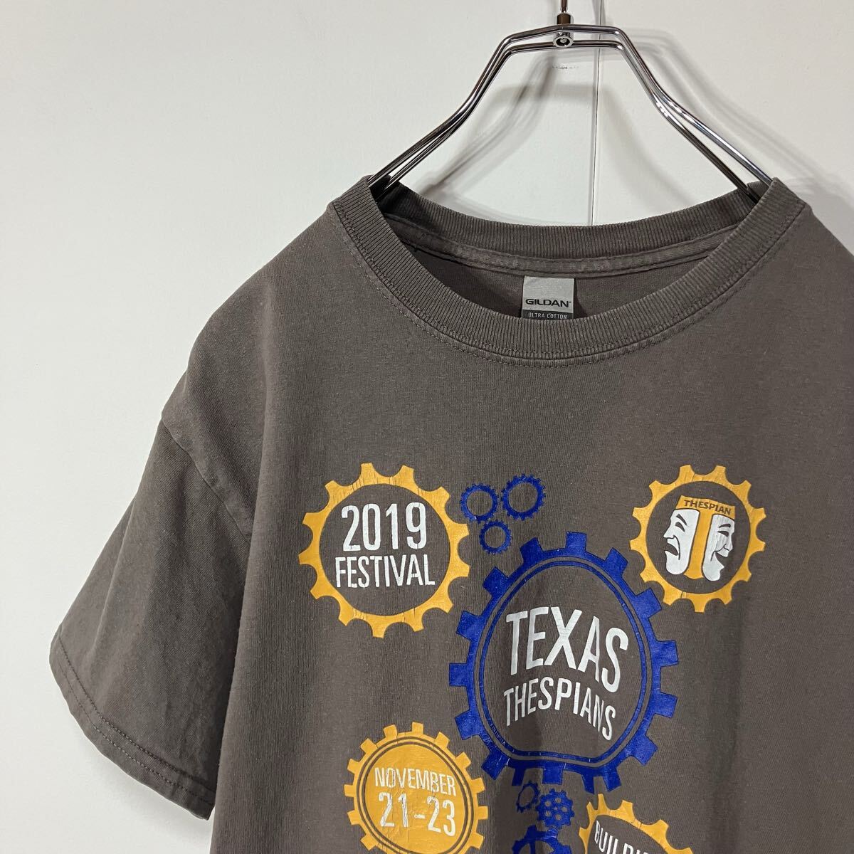 古着 歯車 アート プリント クルーネック 半袖 Tシャツ ヴィンテージ感 チャコールブラウン M拍卖