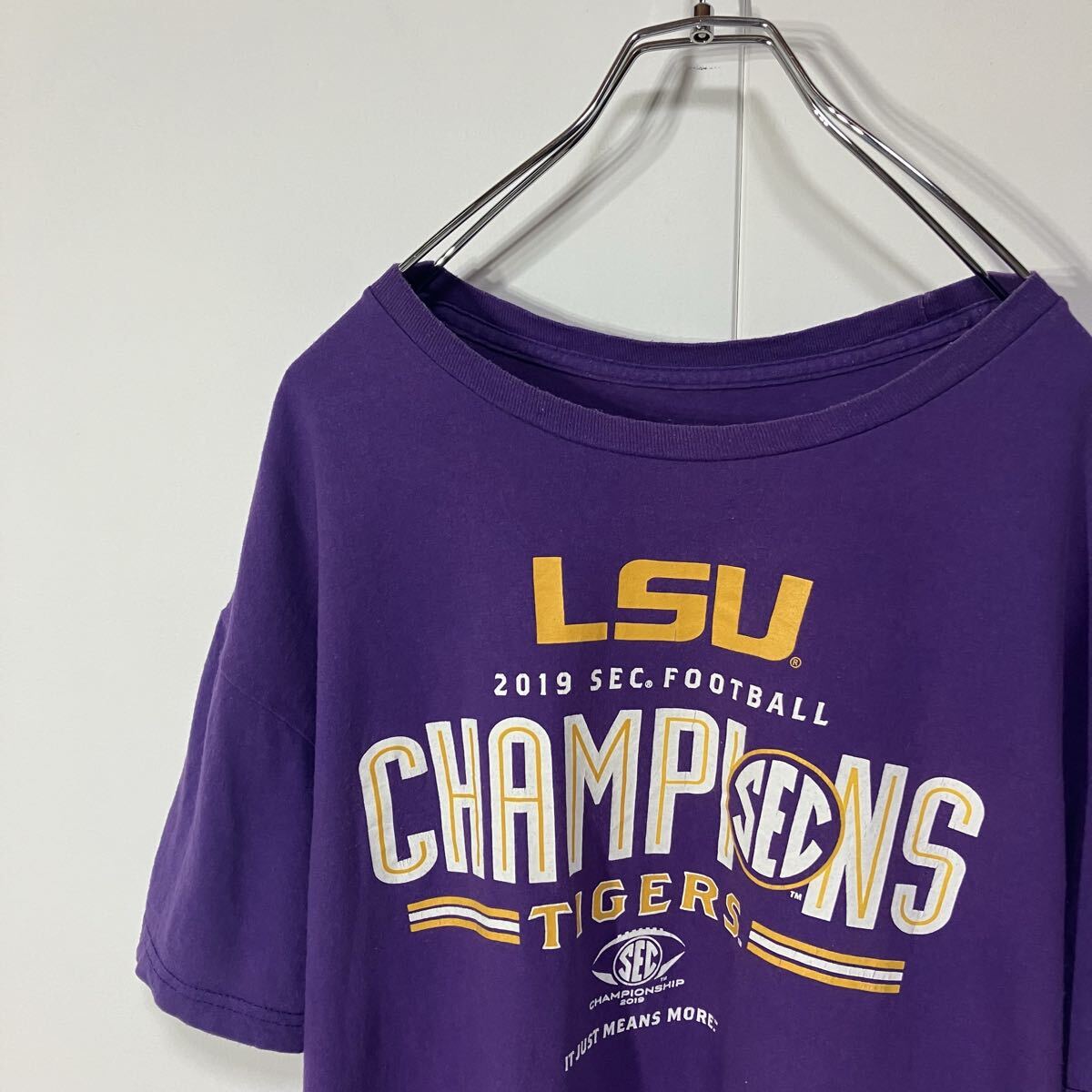 古着 フットボール プリント クルーネック 半袖 Tシャツ パープル L拍卖