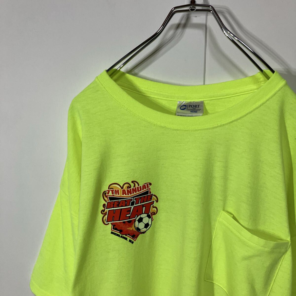 古着 サッカー レフリー プリント ポケット クルーネック 半袖 Tシャツ 大きいサイズ 蛍光イエロー XL拍卖