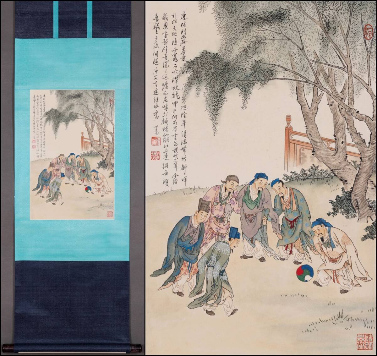 古美術 掛け軸 中国・近現代 「溥儒書」 紙本 【蹴鞠図】 立軸 書道 巻き物 肉筆保証 唐物 古画 画心55x36cm LT-250818拍卖