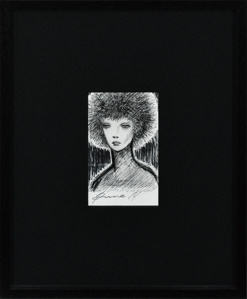 内藤ルネ作品額「女性像」 鉛筆 ペン 紙 サイン 22×11 F:44.5×36.8 内藤ルネ宛の葉書の裏 Rune Naito拍卖