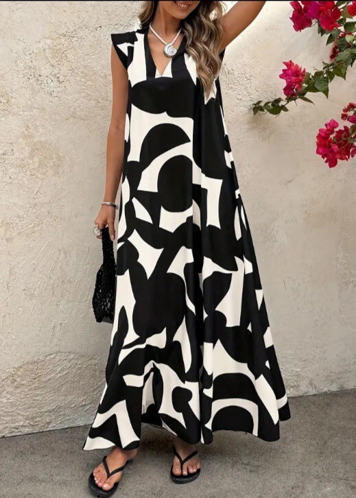 新品大きいサイズXLマキシワンピ黒白花柄ゆったりフレンチスリーブ拍卖