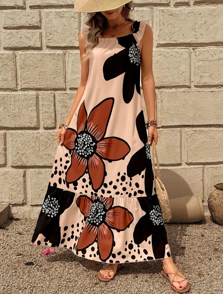 新品大きいサイズLワンピース花柄ゆったりマキシワンピノースリーブ拍卖