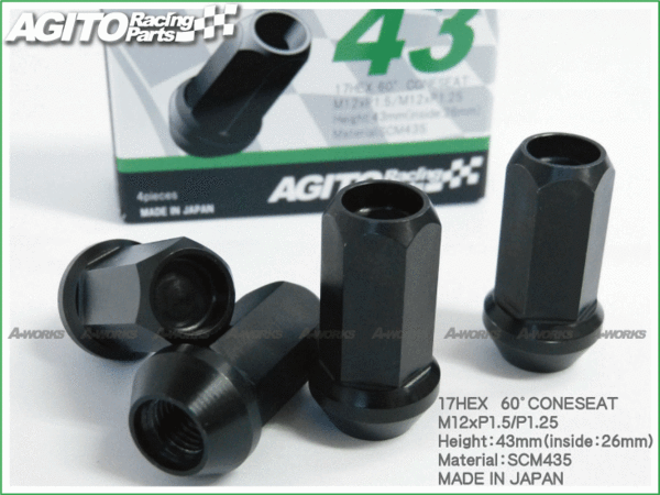 【20本】AGITO 非貫通 レーシングナット L43 17HEX M12xP1.25 クロモリ/ スバル BRZ インプレッサなど5穴車拍卖