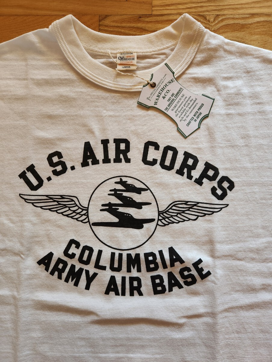 新作 即決★WARE HOUSE ウエアハウス 4601 旧式ローゲージ編み機 半袖プリントTシャツ 日本製 COLUMBIA ARMY AIR BASE オフホワイト L拍卖