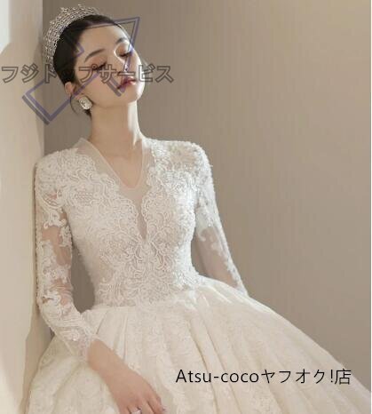 サイズ選択可豪華レースウェディングドレス Aライン Vネック パニエ ベール 白 小さい~大きいサイズ 7分袖 結婚式 舞台 撮影XL拍卖
