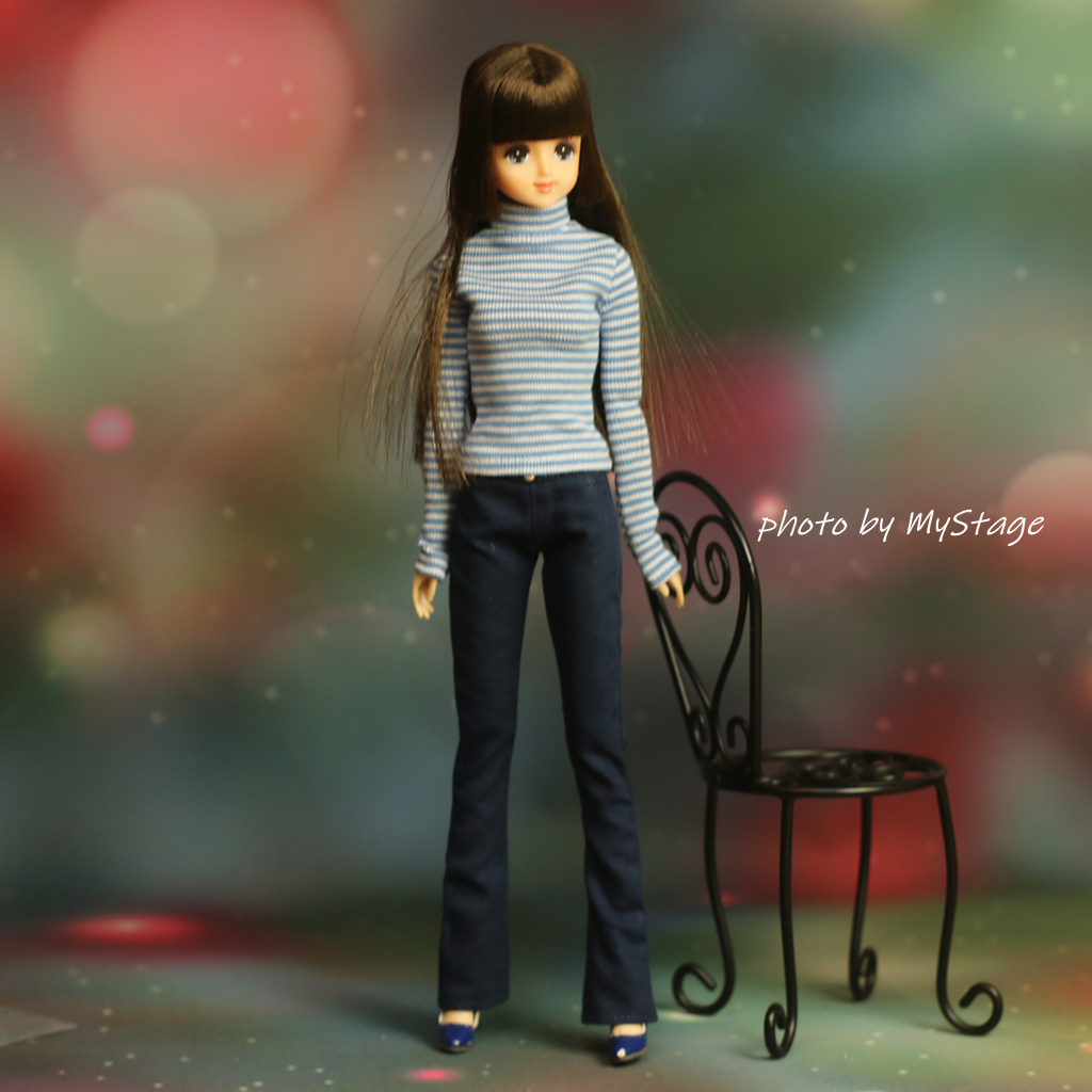 人形服msdr-4763 水色ボーダーハイネックTシャツとラッパズボン(momoko用)拍卖