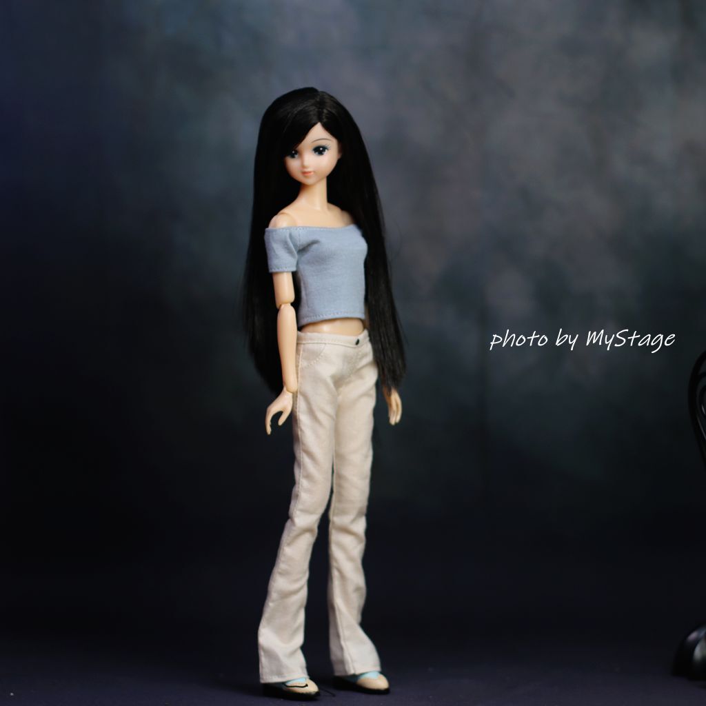 人形服msdr-24-364ブルーグレーオフショルダーネック半袖Tシャツとベージュラッパズボン(momoko用)拍卖