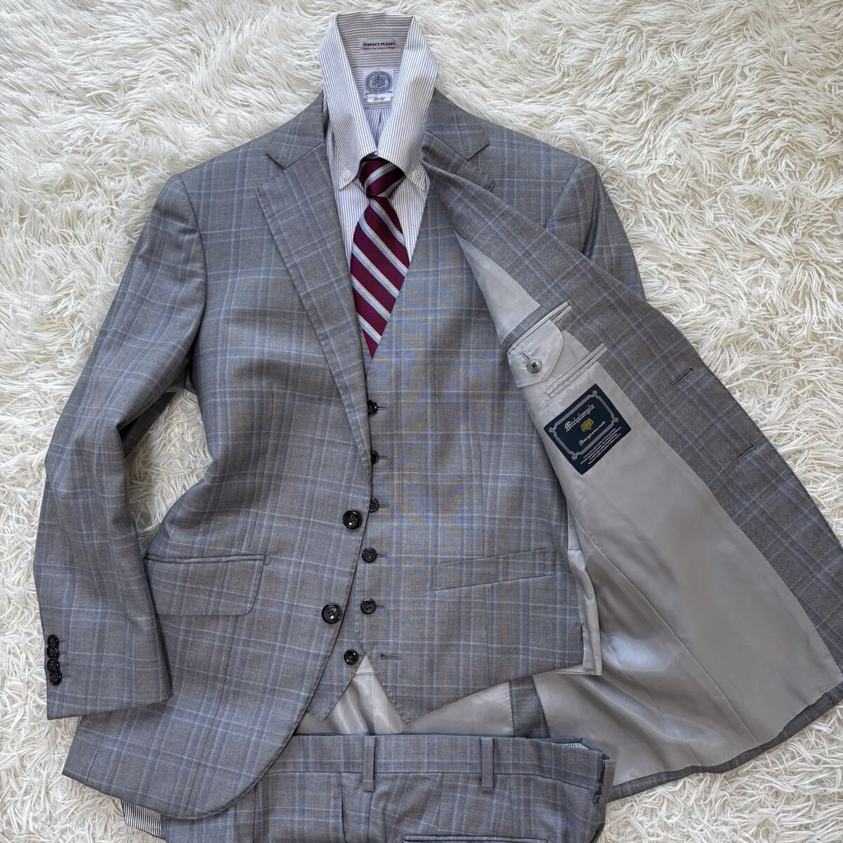 未使用級◎レダ×グローバルスタイル『極上スリーピース』REDA スーツ セットアップ グレー ウインドウペンチェック ミケランジェロ 46位拍卖