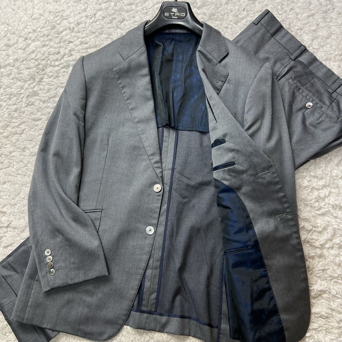 伝統と高級感の融合/極美品◎【IWATAYA/岩田屋三越】希少3XL MIYUKIKEORI 御幸毛織 スーツセットアップ 上下 シェルボタン 裏地ペイズリー拍卖