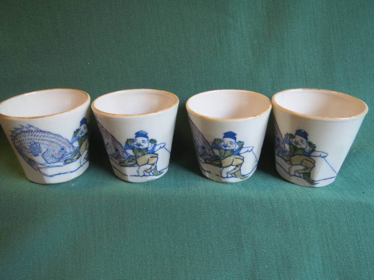印版 色絵蕎麦猪口 恵比寿 鯛釣り 4個 底面六角形拍卖