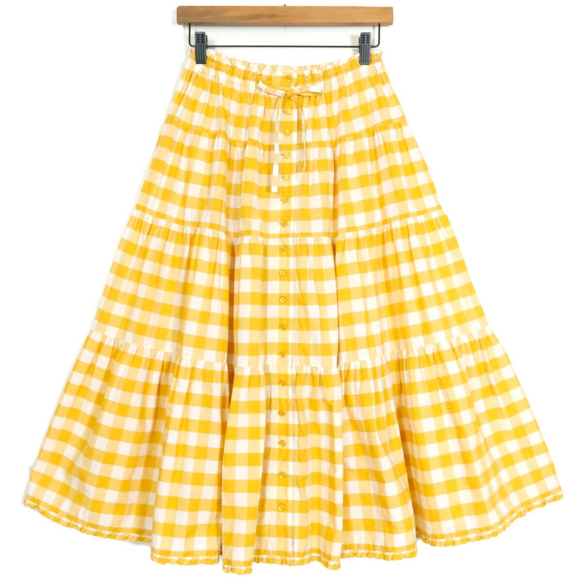 ピンクハウス★フレアスカート 前開き ギンガムチェック ピコレース風 イエロー系 z14616拍卖