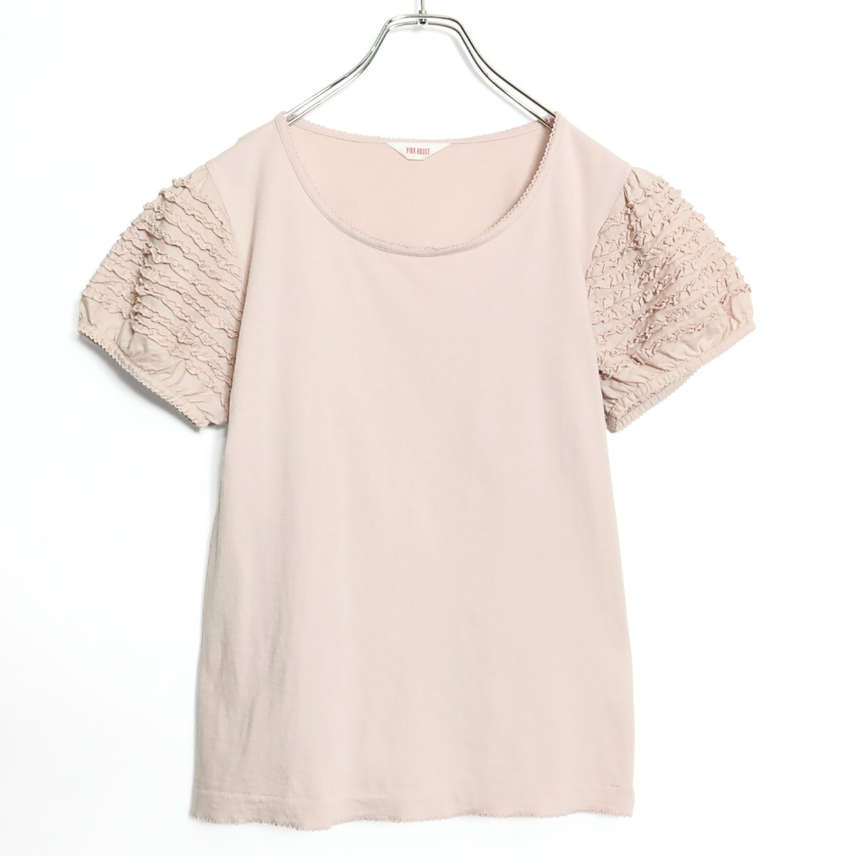 ピンクハウス★ふりふりTシャツ 半袖 ピコレース 段々重ねフリル風袖 綿ローン パフスリーブ 大きいサイズL ピンク系 z14824拍卖