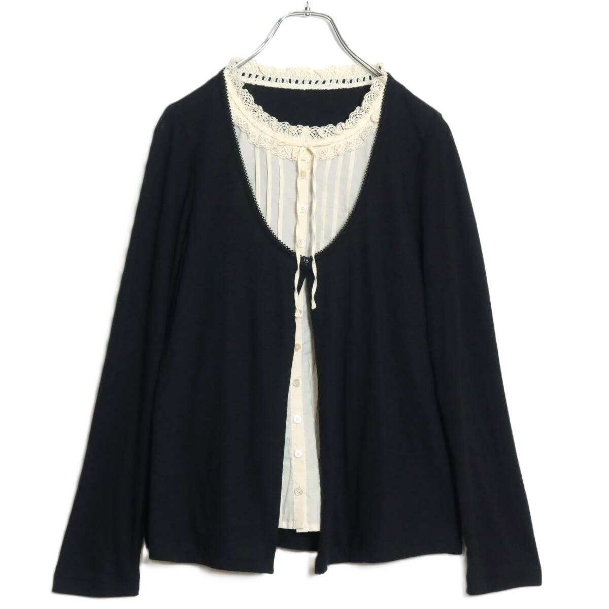 ピンクハウス★重ね着風トップス 黒×ベージュ系 レース付き綿ローン&長袖カーディガン風ニット♪z14947拍卖