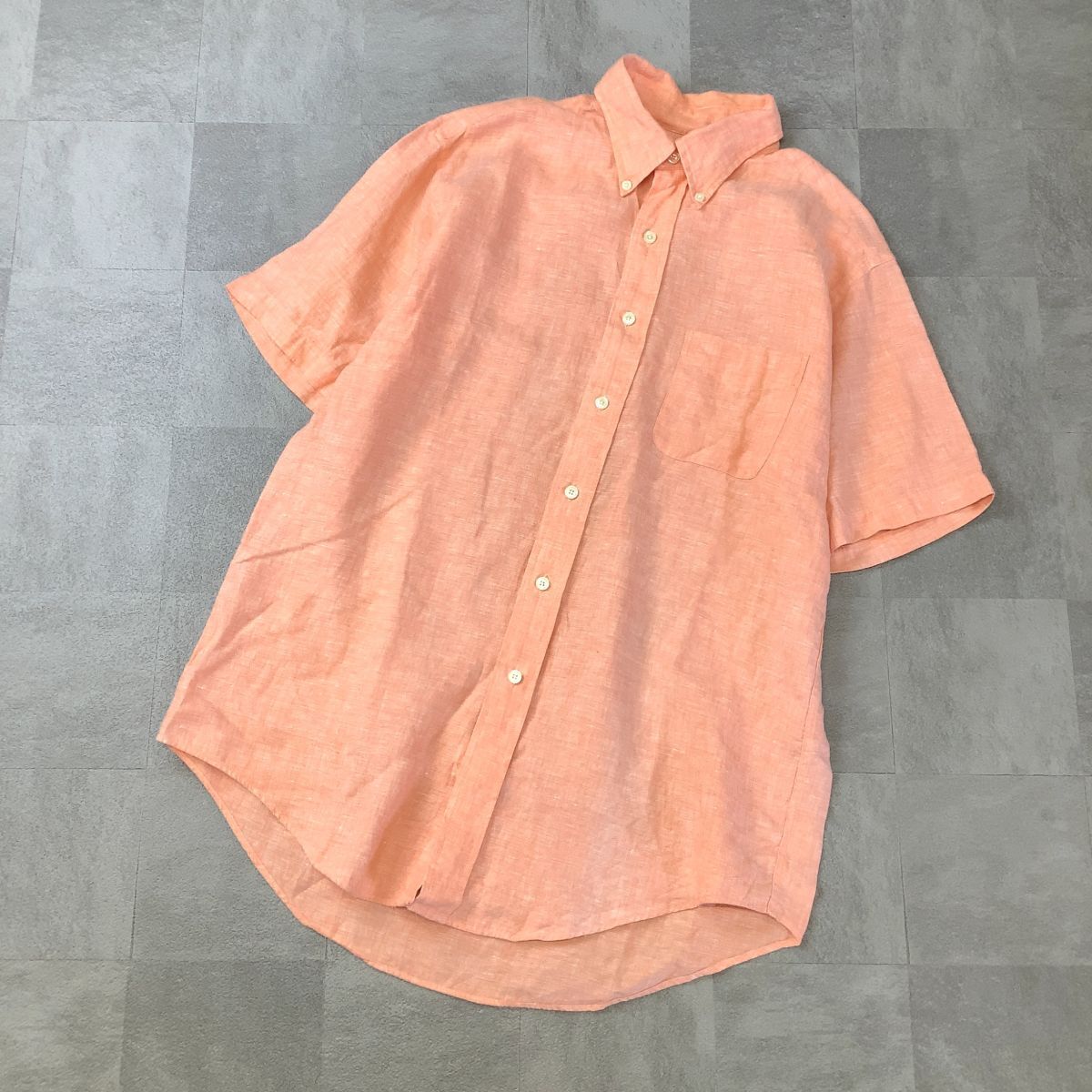 【爽やかなリネン100%】美品 BROOKS BROTHERS ブルックスブラザーズ リネン 半袖 ボタンダウンシャツ メンズ M オレンジレッド拍卖