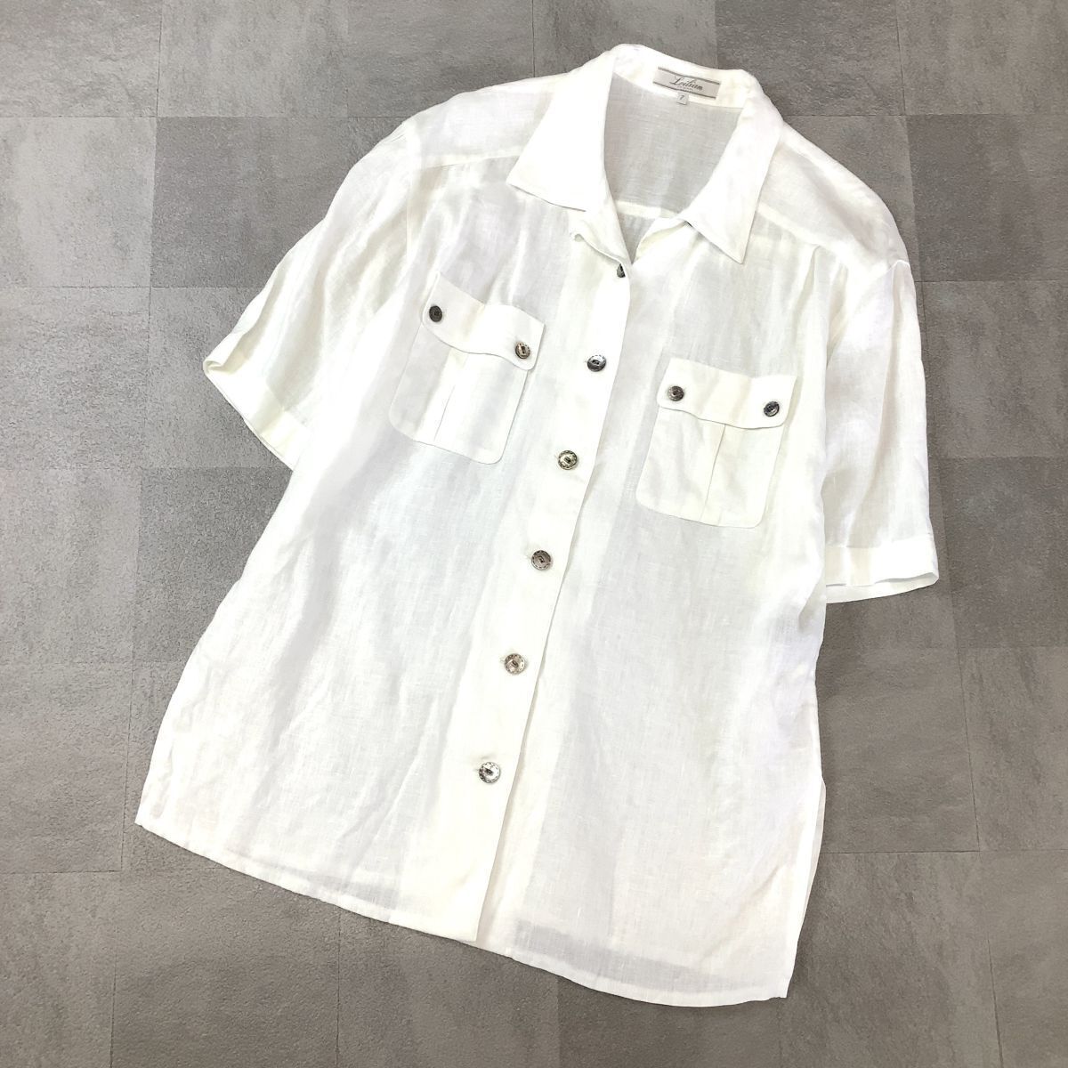 【爽やかなリネン100%】美品 Leilian レリアン 高級生地 半袖 リネンシャツ レディース 7 S ホワイト拍卖