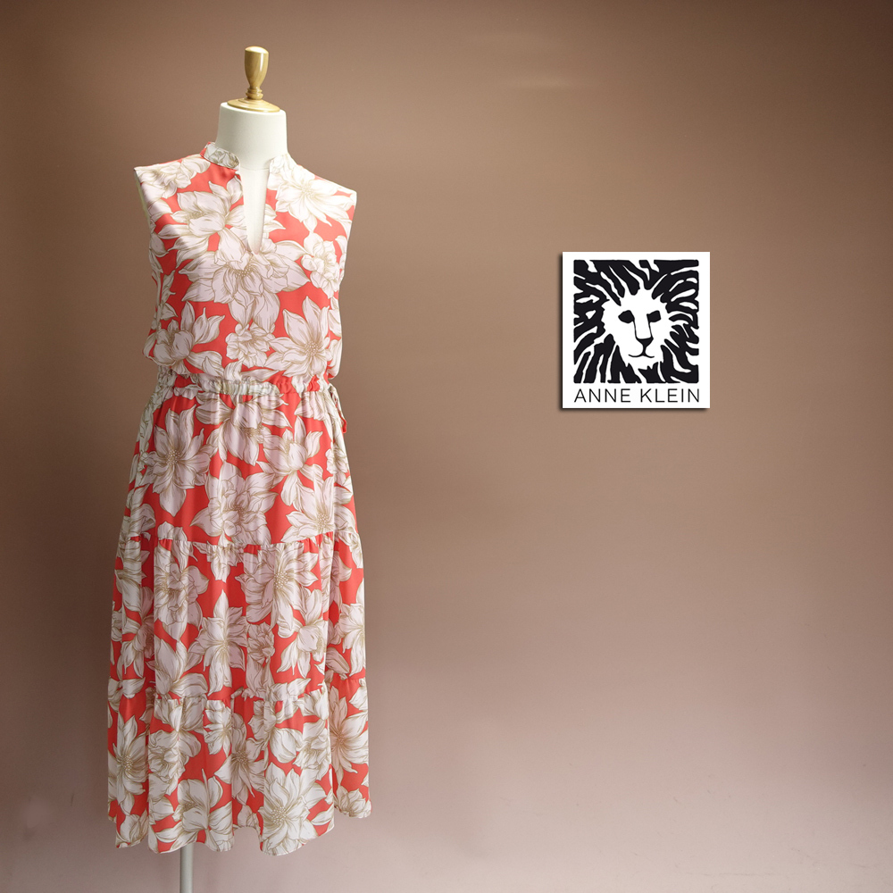 送料230円 新品アンクライン 16/21号 オレンジ ベージュ 白 花柄 Vネック リゾート ロング ワンピース ドレス ノースリーブ 凛34N0902拍卖