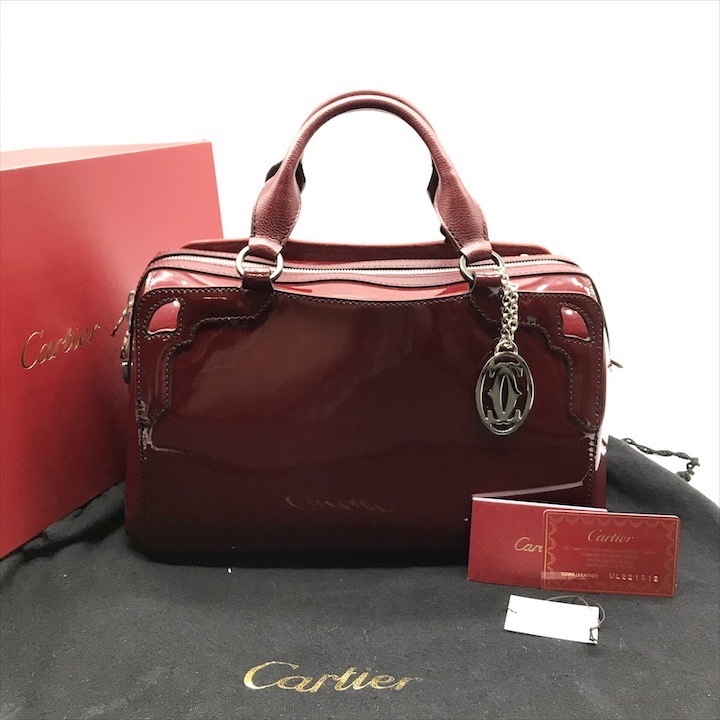 美品 Cartier カルティエ ハンド ミニボストン バッグ レザー パテント チャーム付き レッド レディース ブランド かばん 鞄 k6160拍卖