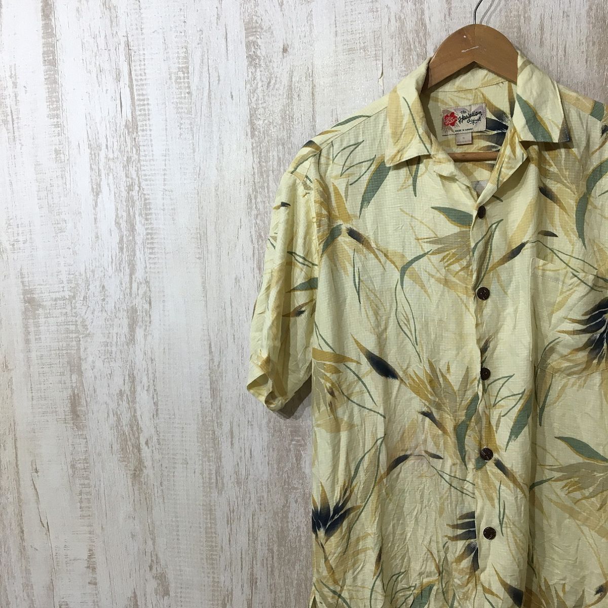 878☆【USA ハワイ製 オープンカラーアロハシャツ】Hawaiian Original 黄柄 S拍卖