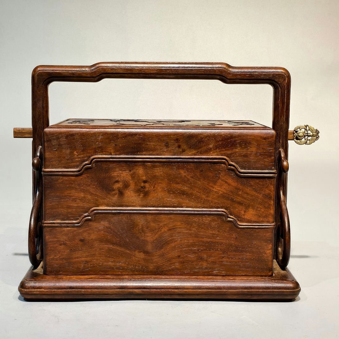 ▼渡鶴羽▼A7715清時代 黄花梨提箱 黄花梨木細密細工★古置物★古賞物★古擺件★蒐集家放出★唐物拍卖