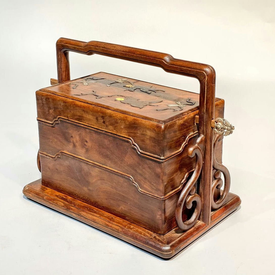 ▼渡鶴羽▼R842清時代 黄花梨提箱 黄花梨象嵌人物根彫 黄花梨木細密細工★古置物★古賞物★古擺件★蒐集家放出★唐物拍卖