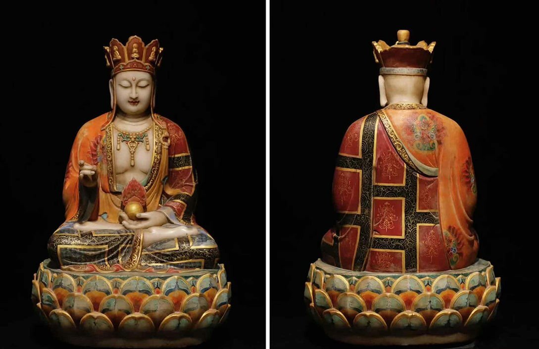 ▼渡鶴羽▼R9208明代 漢白玉彩絵 地藏王菩薩 漢白玉石細工彫刻★仏教古美術★仏像★細密細工★廃寺旧蔵★廃寺買出品拍卖