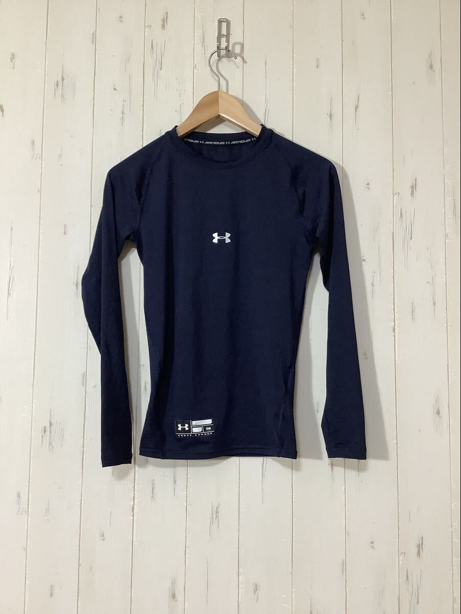 や1637 UNDER ARMOUR アンダーアーマー 長袖コンプレッションシャツ 長袖インナーシャツ SM ネイビー ロゴプリント ドライ 速乾拍卖