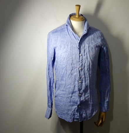 TK 国内正規 イタリア製 フィナモレ Finamore 長袖 リネンシャツ 青 ホリゾンタルカラー 14,5拍卖