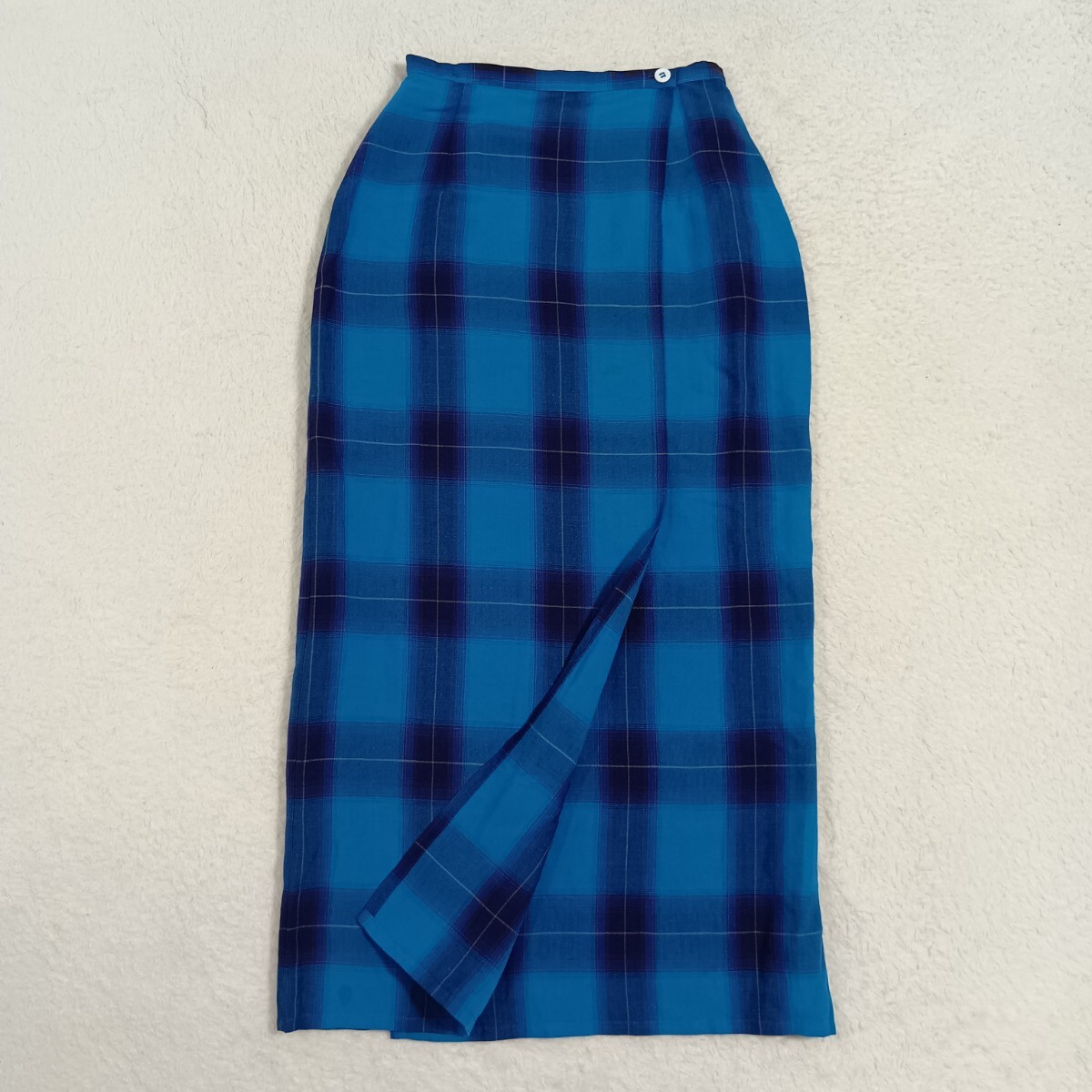 【80’ヴィンテージ】LAURA ASHLEY ローラアシュレイ 英国製 麻混 チェック ロングラップスカート 巻きスカート 青系 7号 ★1000拍卖