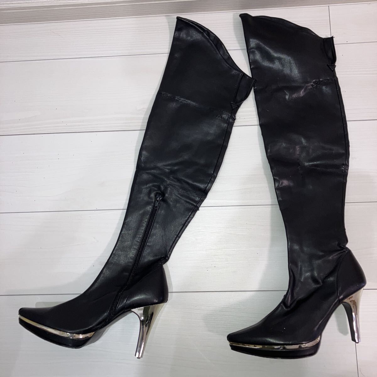【長期保管品、剥がれ多数 ヒールゴム無し】エスペランサ ピンヒールニーハイロングブーツ  ハイヒール 剥がれあり拍卖