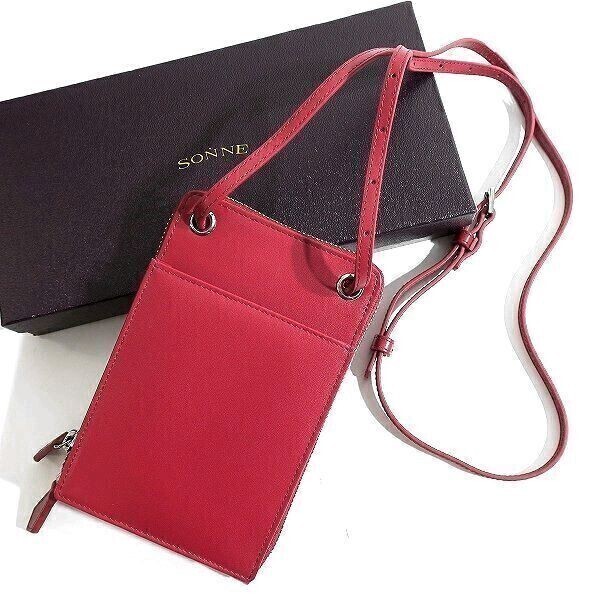 □SONNE ゾンネ 新品 定価1.6万 スムースレザー 牛革 ネックウォレット ウォレットショルダー マルチケース SBCW001 RED ▲015▼bus033so拍卖