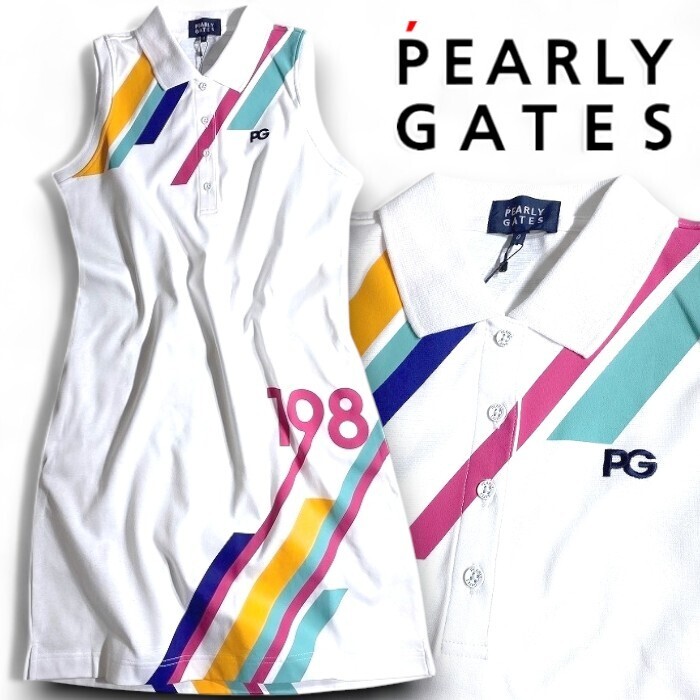 PEARLY GATES パーリーゲイツ 定価3万 日本製 40ポンチ 配色ライン ノースリーブ ポロワンピース ゴルフ 2124410 030 1 ▲034▼50528w07拍卖