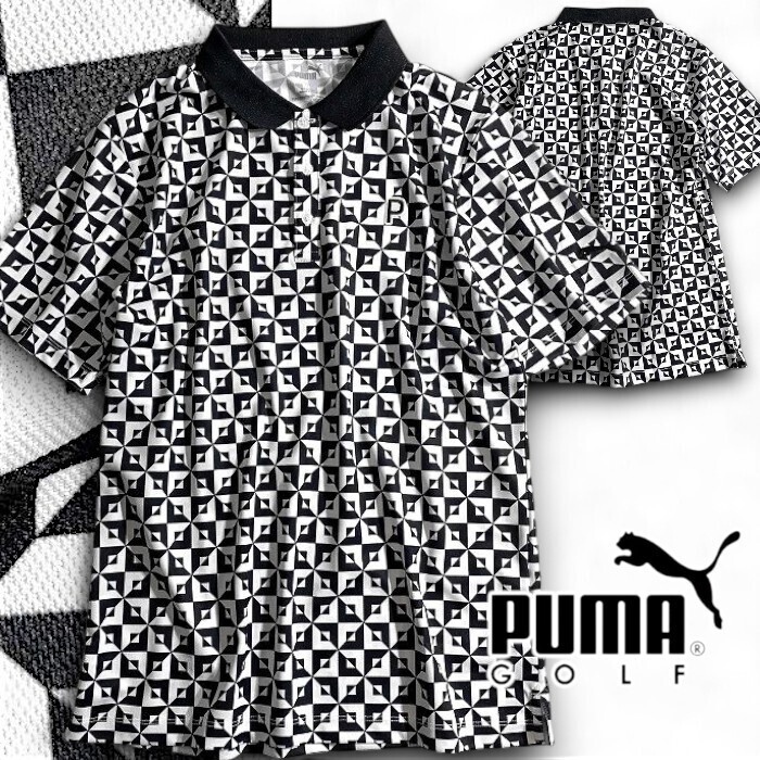 PUMA プーマ ゴルフ 新品 定価1万 夏物 Pe鹿の子 モノグラム 総柄 ストレッチ 半袖 ポロシャツ ゴルフウェア 627603 01 M ▲024▼50423w04拍卖