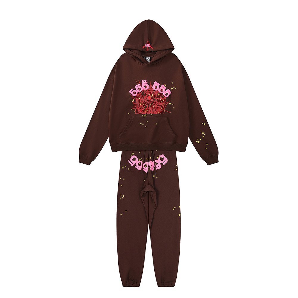 SP5DER Spider 555 Web パーカー 上下セット トレーナー パンツ カジュアル セット ブラウン ユニセックス Mサイズ拍卖