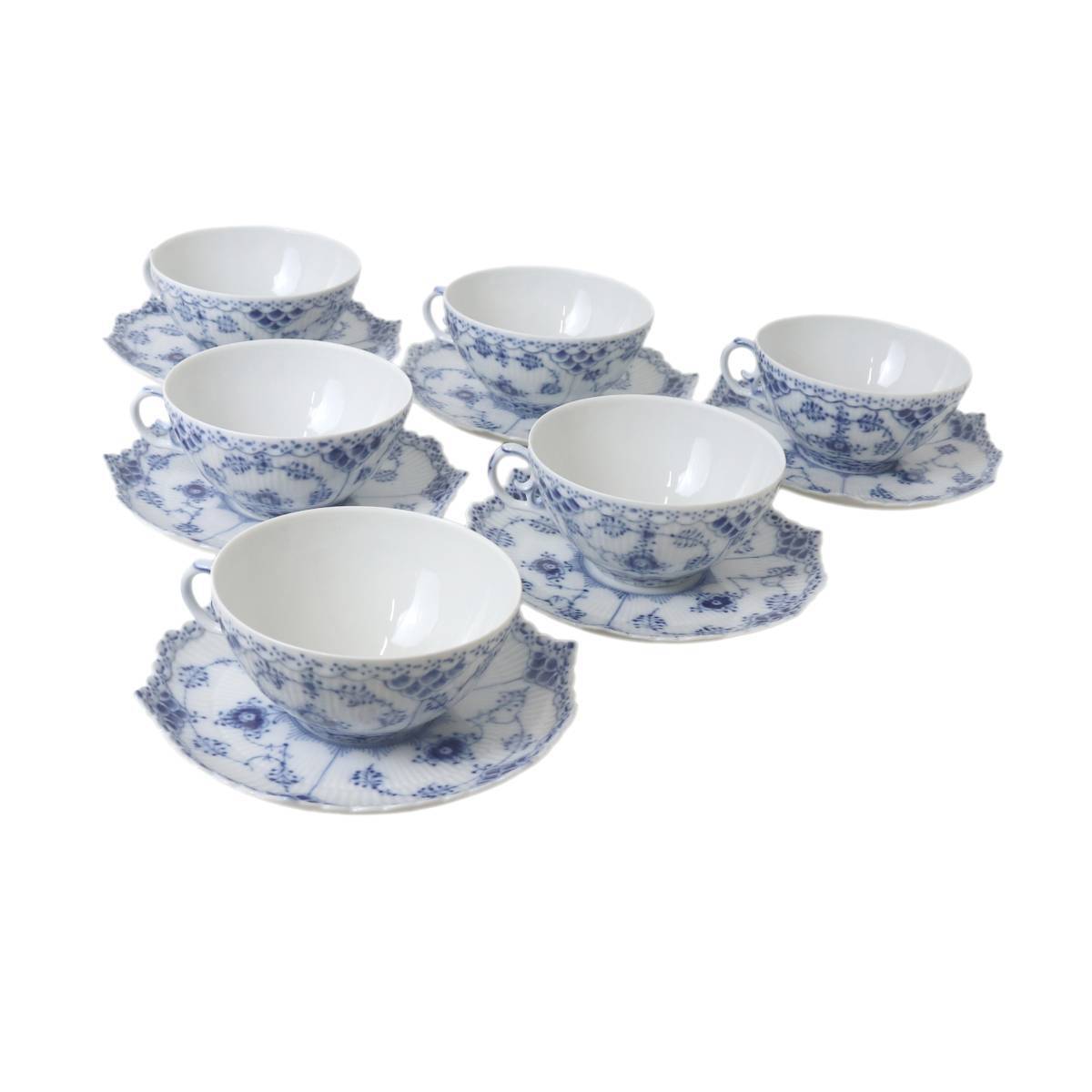 Royal Copenhagen ロイヤル コペンハーゲン カップ&ソーサー 6客セット ブルーフルーテッド フルレース 1974~1978年製 NT 美品 Aランク拍卖