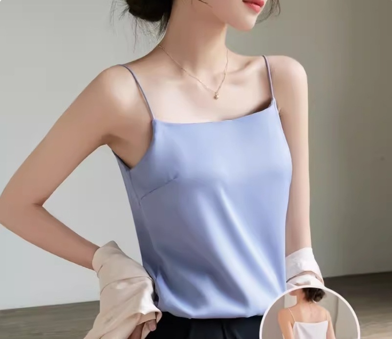 カップ付きタンクキャミ ブラトップ キャミソール サテン 下着 インナー サテンキャミソール レディース ブラ不要 ブルー L拍卖