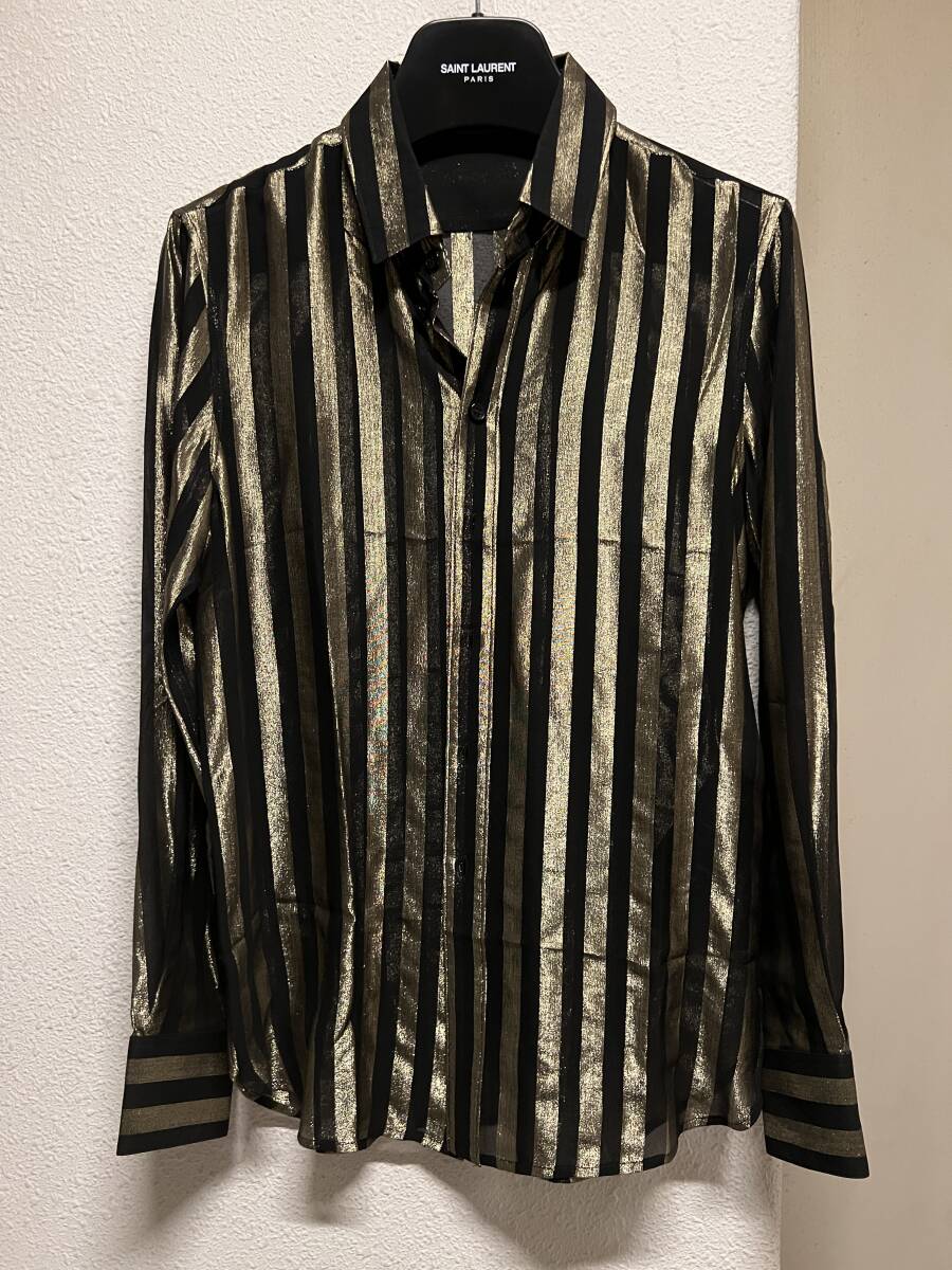 SAINT LAURENT PARIS サンローラン パリ ゴールド ブラック ストライプ シャツ シルク系 F36 中古 極美品拍卖