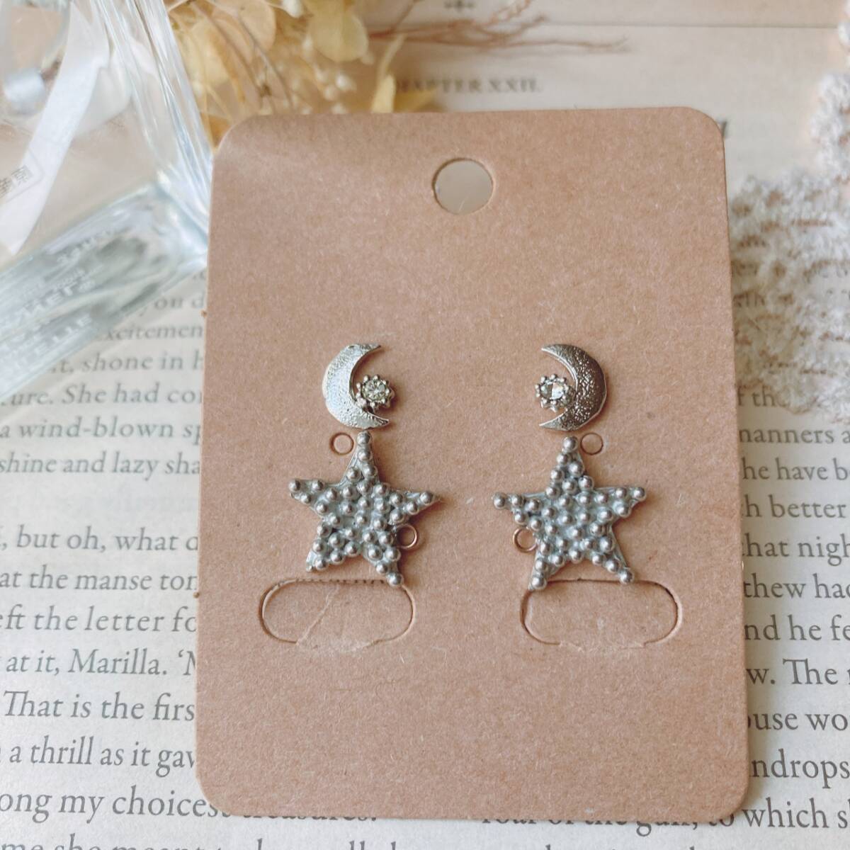 ピアス 2点セット シルバー 星 三日月 スター ムーン ガラス 小さめ 未使用☆vintage jewelry accessoriesR0950拍卖
